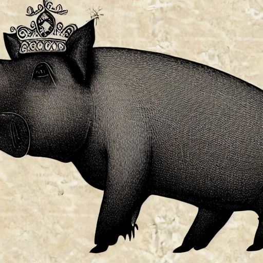 Prompt: side view of a large pig wearing a crown anime thick lines