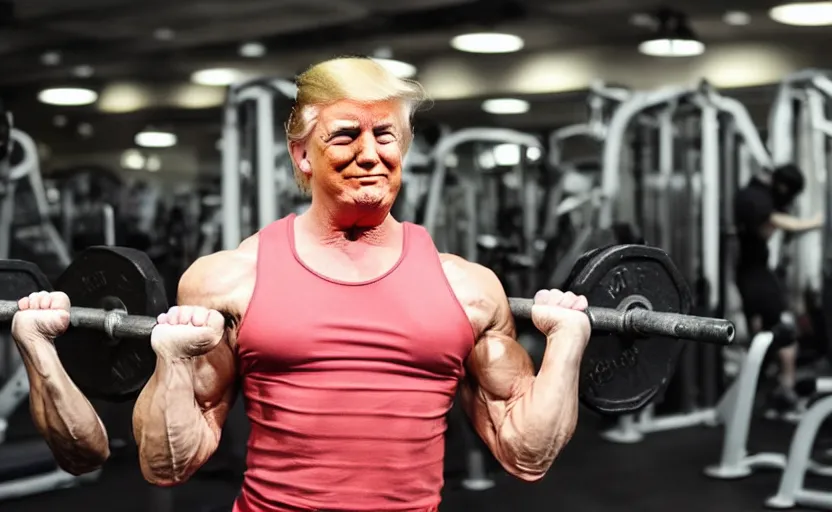 Prompt: Donald trump lifting weights at the gym