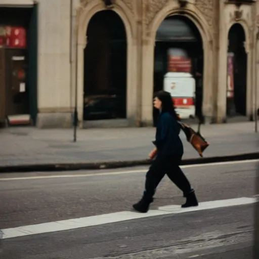 Prompt: portra 800 street photography woman staring into camera but she is a bit blurry because she is moving