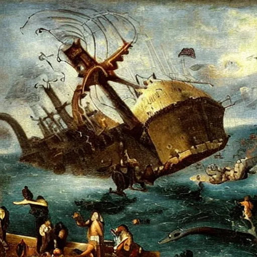 Image similar to A giant squid destroying a cruise ship in the middle of the ocean, oil painting by Jan Steen