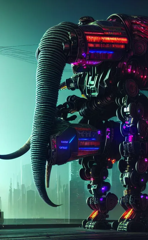 Image similar to hyper realistic and higly detailed photo of a cyberpunk mech elephant. intricate, wiring, electronic components, color diodes. volumetric light. professional digital art, lotr style, extremly detailed, trending on artstation, stuning, octane render, unreal engine 5, 8 k rendering.