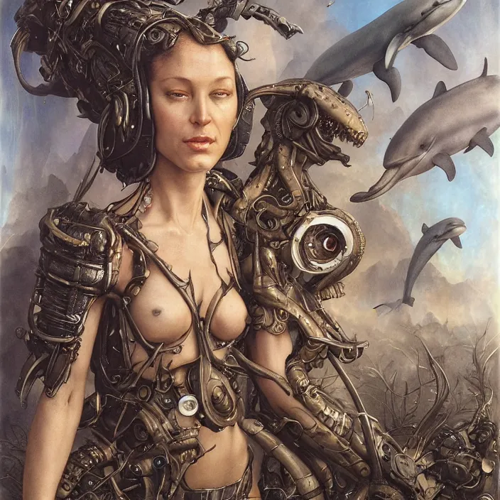 Image similar to a portrait photograph of a amphibian female alien with dolphin skin. she wearing a tactical suit and has many body modifications. by tom bagshaw, donato giancola, hans holbein, walton ford, gaston bussiere, brian froud, peter mohrbacher and magali villeneuve. 8 k, fashion editorial, cgsociety