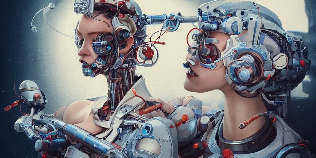 Image similar to hyperrealistic photography of a gorgeous female cyborg scientist constructing an eating machine in the style of jin kagetsu, james jean and wlop, highly detailed, masterpiece, award - winning, sharp focus, intricate concept art, ambient lighting, 8 k, artstation