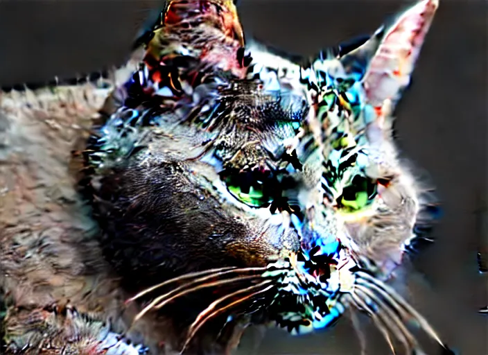 Image similar to hyperrealism, detailed textures, photorealistic 3 d render, a beautiful medium grey cat with medium hair length, one million lave rivers, sharp focus, ultra realistic, ultra high pixel detail, cinematic, intricate, cinematic light, concept art, illustration, art station, unreal engine 8 k