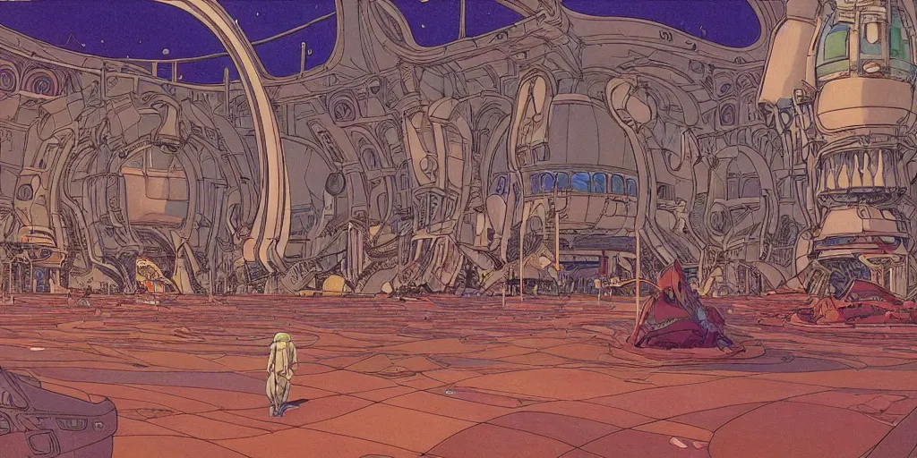 Prompt: cel shaded cinematic shot of the interior of a sci-fi space station with ornate Elven architecture bustling with various intelligent alien species, epic castle, emerald, crystalline, detailed illustration, sharp focus, crisp lines, art by Moebius, Jean Giraud Moebius comic illustration
