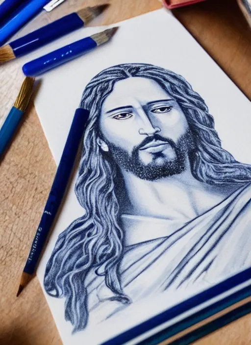 Image similar to painting of jesus drawn with blue pen on checkered notebook sheets,