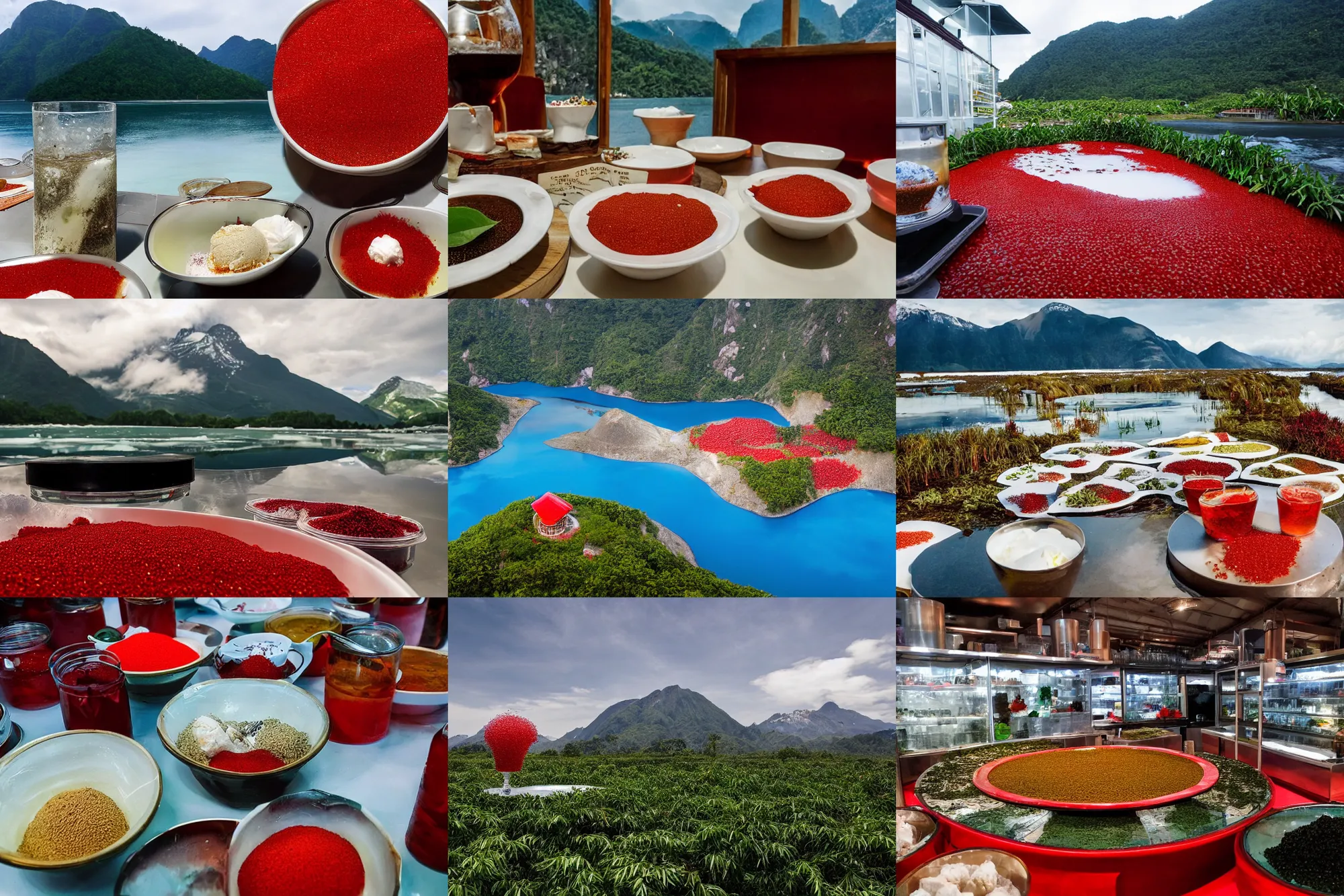 Prompt: a large island of red caviar in the center of which there are mountains with ice cream ( green house ingredient sdn bhd ), instead of coca cola water ( barley tea - boricha or mugicha, salt lakritssglass med bjornbar 2, brown water ), no restaurant