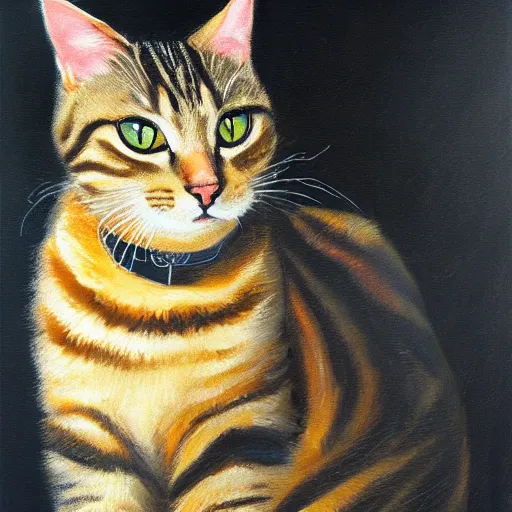 Image similar to tabby cat in front of a dark background, oil paining, highly realistic, romantic style