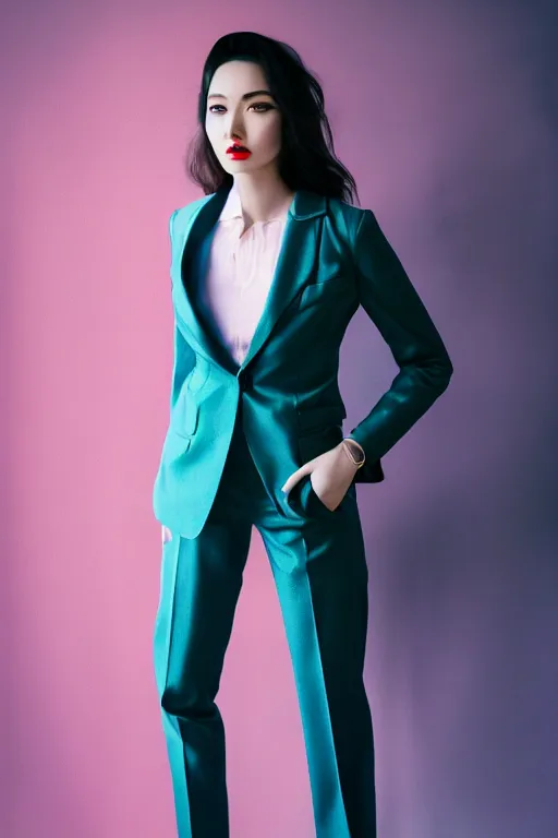 Image similar to realistic photoshooting for trouser suit, bright colors, vhs colour photography, fashion photography, vogue, smooth skin, perfect face, 8 0 mm lens, 1. 2 aperture, cinematic light, agency model img models