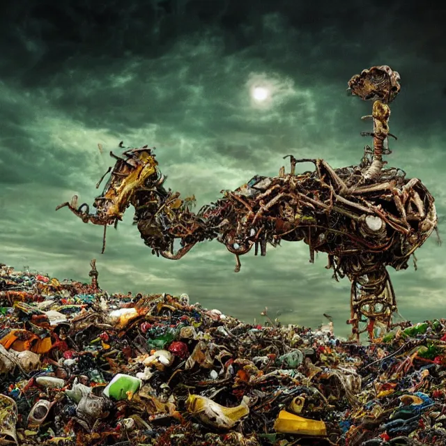 Image similar to a machine made of rubbish with long arms devours other rubbish and creatures in a giant rubbish heap full of strange and terrifying creatures, under a dark green sky in the distance, bones, corpses, monsters, hell, distorted, creepy, by dan seagrave, cinematic photography, cinematic, ue 5, realistic, sci - fi