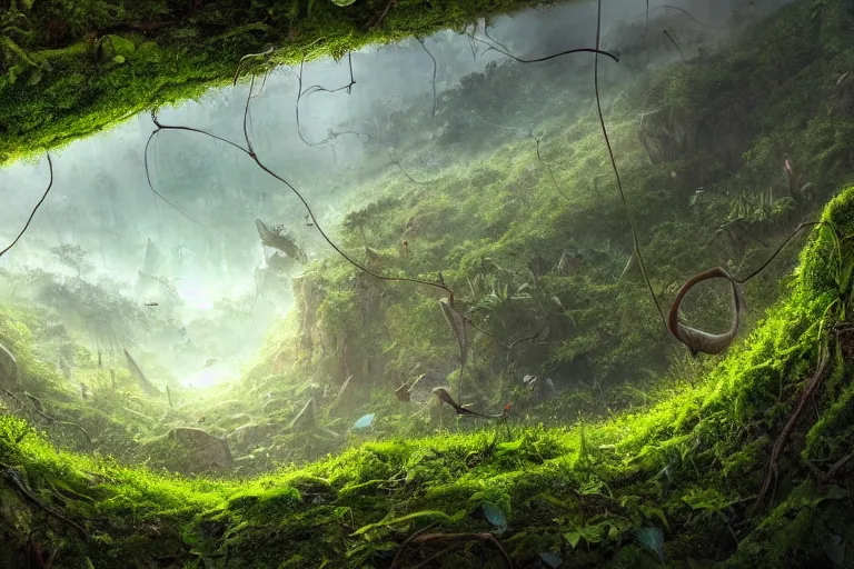 Prompt: an epic landscape view of vines and moss growing on times square, moss, jungle, with pterosaurs flying, close - up, low angle, wide angle, atmospheric, volumetric lighting, cinematic, very realistic, sharp, highly detailed digital art, painted by tyler edlin