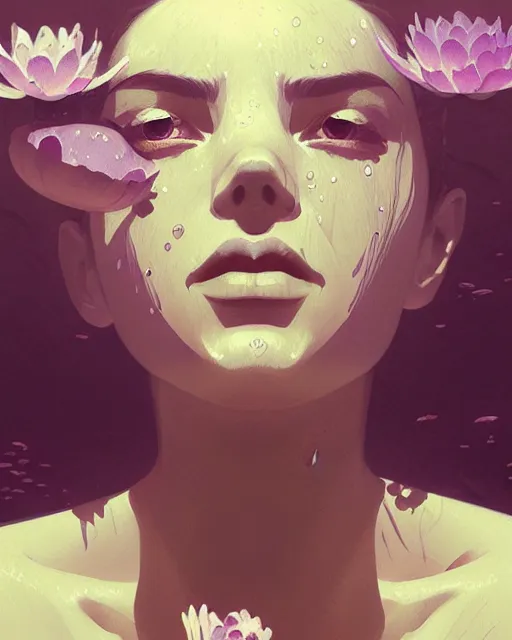 Prompt: hyper - realistic portrait of a woman underwater, water lilies, by atey ghailan, by greg rutkowski, by greg tocchini, by james gilleard, by joe fenton, by kaethe butcher, dynamic lighting, gradient light purple, brown, blonde cream and white color scheme, grunge aesthetic