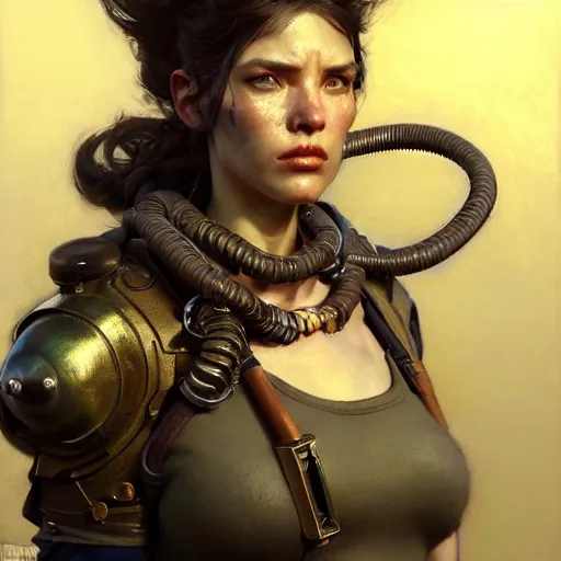 Image similar to highly detailed portrait of a fallout 5 female protagonist. d & d. art by donato giancola, eugene delacroix, ruan jia, carl larsson, peter mohrbacher. trending on artstation, intricate details, energetic composition, golden ratio, concept art, illustration, elegant art, global illumination