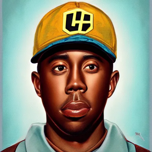 Image similar to closeup portrait shot of tyler the creator wearing a ups uniform, intricate, cool, highly detailed, centered, digital painting, artstation, concept art, smooth, sharp focus, illustration, artgerm,