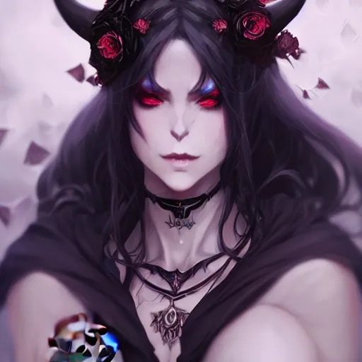 Prompt: beautifully dressed dark sorceress surrounded by black roses horns and skulls, cushart krenz, very detailed, realistic face, detailed face, matte, tonemapping, bbwchan, perfection, 4 k, cushart krenz
