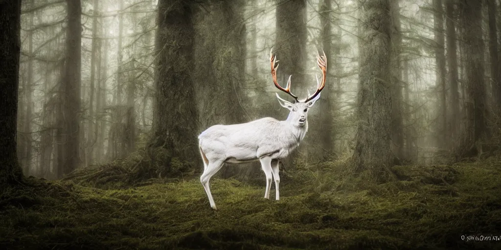 Image similar to king of the forest, a white stag, beautiful, fantasy, hyper realistic, dramatic lighting, cinematic, 3 5 mm lens, 8 k,