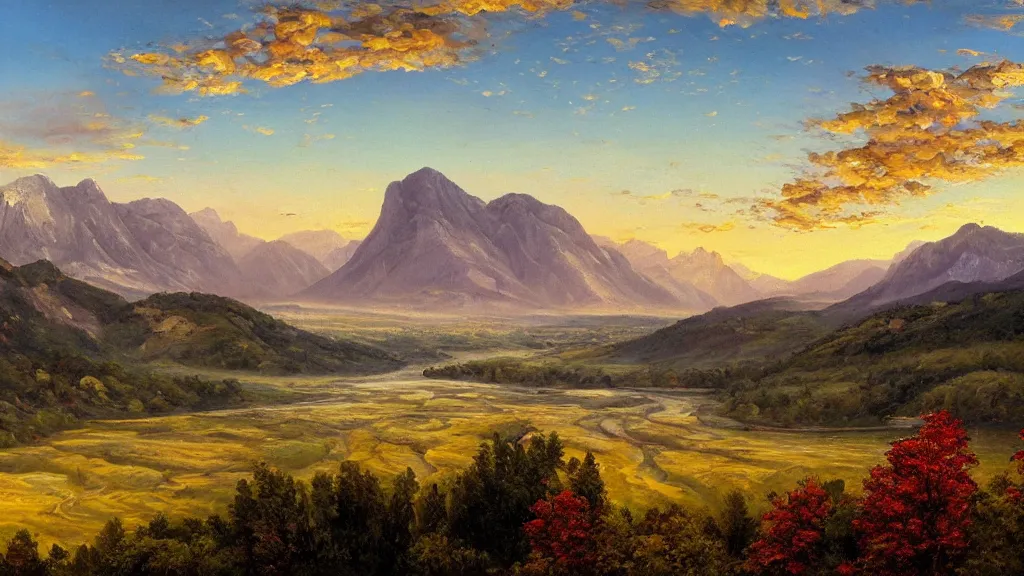 Image similar to The most beautiful panoramic landscape, oil painting, where the mountains are towering over the valley below their peaks shrouded in mist. The sun is just peeking over the horizon producing an awesome flare and the sky is ablaze with warm colors and stratus clouds. The river is winding its way through the valley to an italian village and the trees are starting to turn yellow and red, by Greg Rutkowski, aerial view