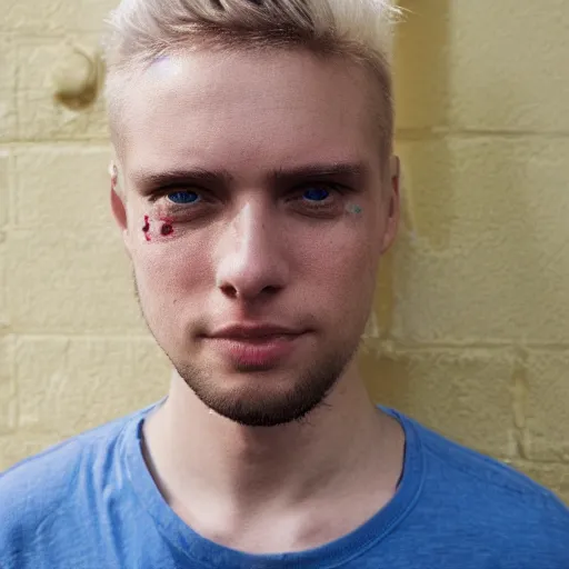 Prompt: picture of a white - haired young man with a small tattoo under his right - eye, stylized, blue and yellow colors,