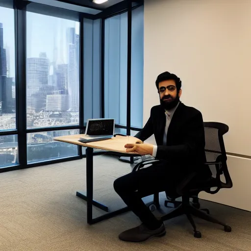 Image similar to photo of emad sitting at his desk in the stability. ai office, highly detailed, extremely high quality, hd, 4 k, 8 k, professional photographer, 4 0 mp, lifelike, top - rated, award winning, cinematic, realistic, detailed lighting, detailed shadows, sharp, no blur, edited, corrected, trending