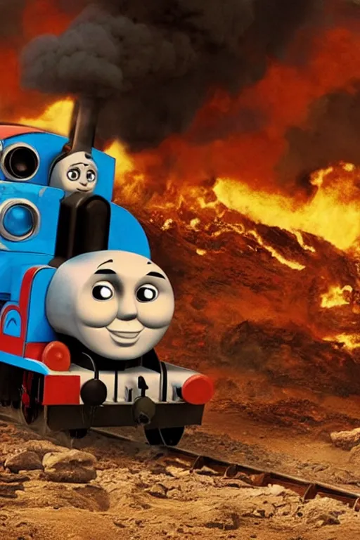 Image similar to Thomas the Tank Engine in the fiery Wasteland of MAD MAX: FURY ROAD