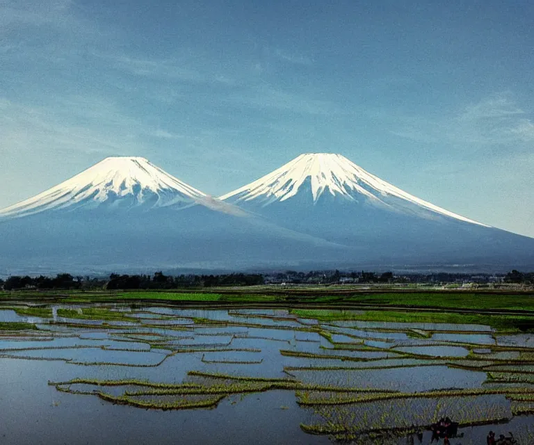 Prompt: a photo of mount fuji, japanese landscape, rice paddies, beautiful sky, seen from a window of a train.