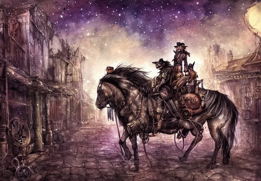 Prompt: possum riding a horse through a steampunk city at night under a dark starred sky, dark fantasy, digital art, watercolor, high detail, dreaming illusion