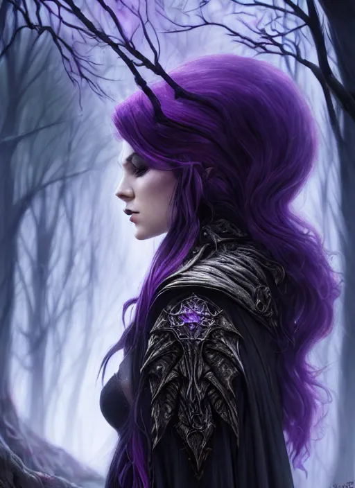 Prompt: side portrait Melanie Strohmaier as dark witch, adventurer outfit large cloak, fantasy forest landscape, dragon scales, fantasy magic, undercut hairstyle, short purple black fade hair, dark light night, intricate, elegant, sharp focus, illustration, highly detailed, digital painting, concept art, matte, art by WLOP and Artgerm and Greg Rutkowski and Alphonse Mucha, masterpiece