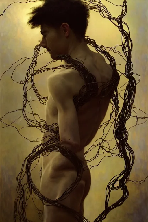 Prompt: hyperrealist portrait of elijah zu bailey, it is decorated with long wires that fall like vines and wears small computers over their body. by jeremy mann and alphonse mucha, fantasy art, photo realistic, dynamic lighting, artstation, volumetric lighting, very detailed faces, award winning