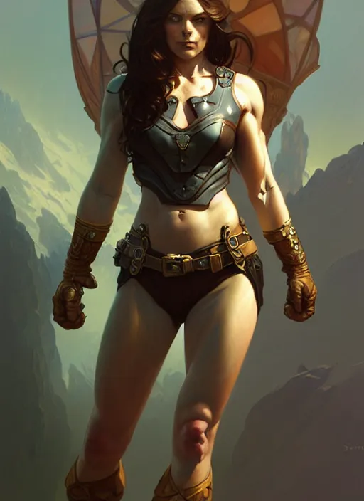 Image similar to portrait of a full body beautiful female cpace captian, d & d, fantasy, flat lighting, intricate, muscular, highly detailed, digital painting, artstation, concept art, smooth, sharp focus, illustration, art by simon bisley and greg rutkowski and alphonse mucha, natural tpose