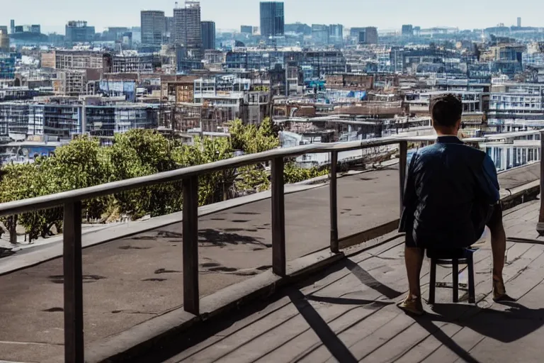 Image similar to A man sitting on a footbridge, city in the background