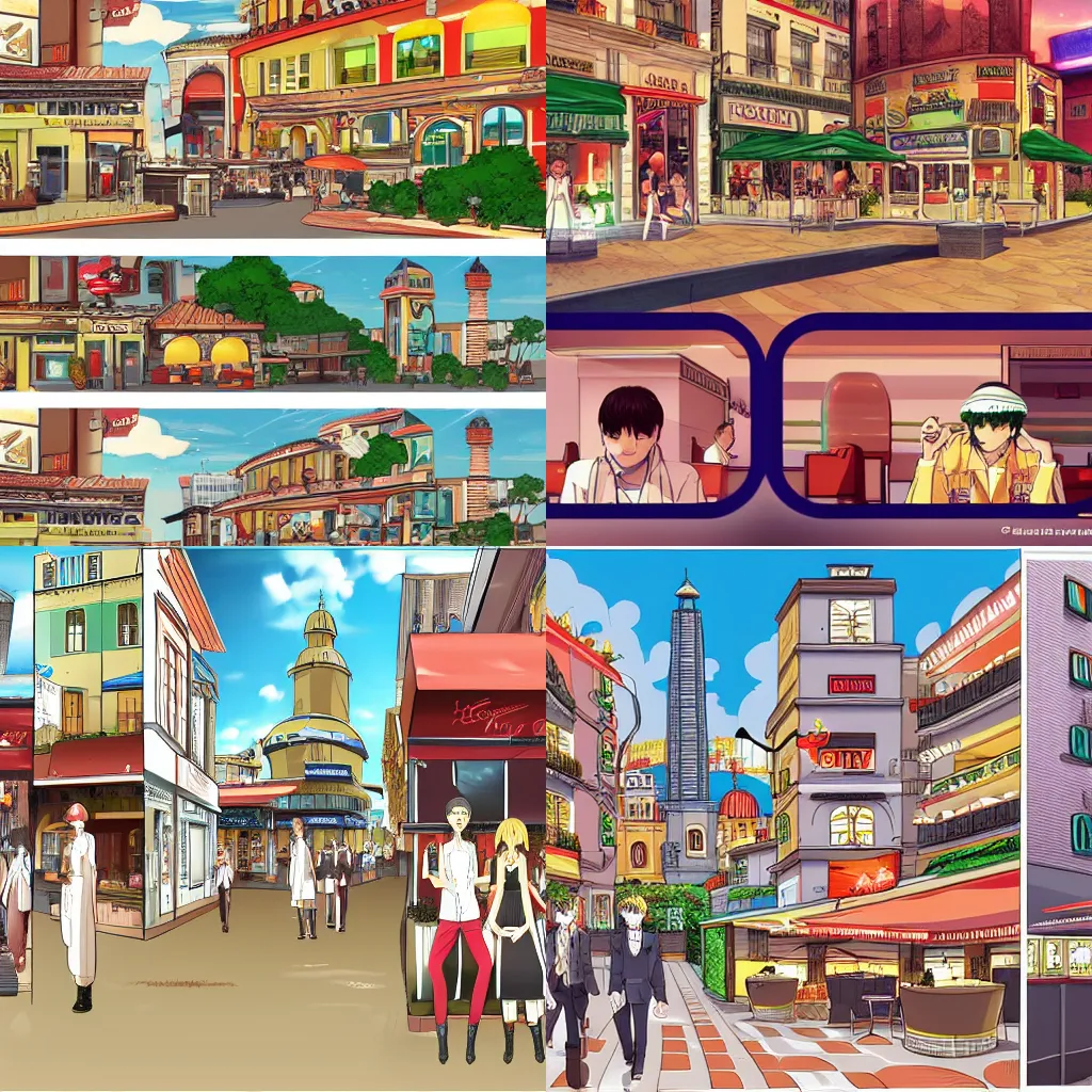 Prompt: 2d city italian restraunt manhwa background in three different perspectives