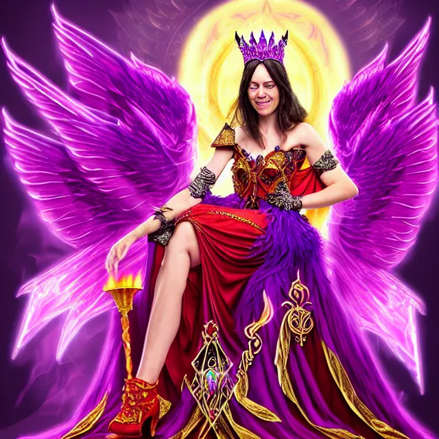 Image similar to Princess sorceress with red flaming bird wings on her back and sitting on an ornate throne dressed in a fancy purple dress, beautiful realistic face similar to aubrey plaza, Fantasy, Full Portrait, High detail, realistic, planeswalker