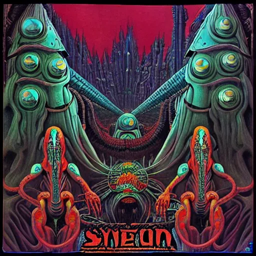 Image similar to stoner metal album cover in the style of wayne barlowe and kenny scharf and philippe druillet, realistic, insanely detailed, intricate, smooth, airbrush, play-doh