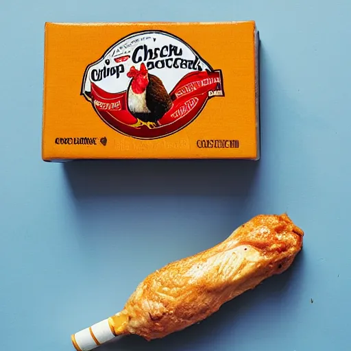 Prompt: a chicken drumstick next to a box of matches