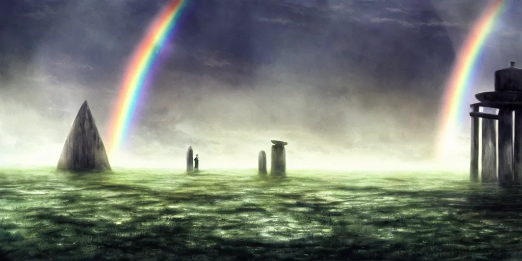 Prompt: a realistic and atmospheric cell - shaded concept art from howl's moving castle ( 2 0 0 4 ) of a rainbow colored ufo landing on the ground. a grey monk is standing in a futurist sci - fi city that looks like stonehenge in a flooded rainforest. it is a misty starry night. very dull muted colors, hd, 4 k, hq