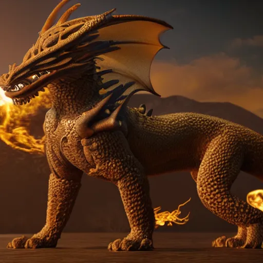 Image similar to A mix between a goldendoodle and a dragon, highly detailed, 8k, Unreal Engine render