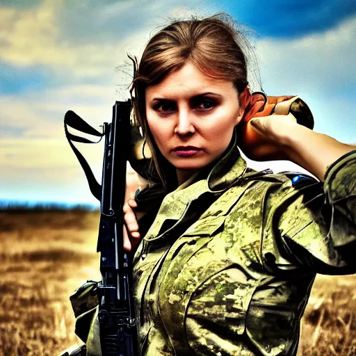 Image similar to ukrainian woman - soldier with kalashnikov gun, beautiful epic photography, high quality, profound gaze, big blown eyes, yellow and blue ribbons, emotionally touching, digital art, dramatic sky, battlefield, fire