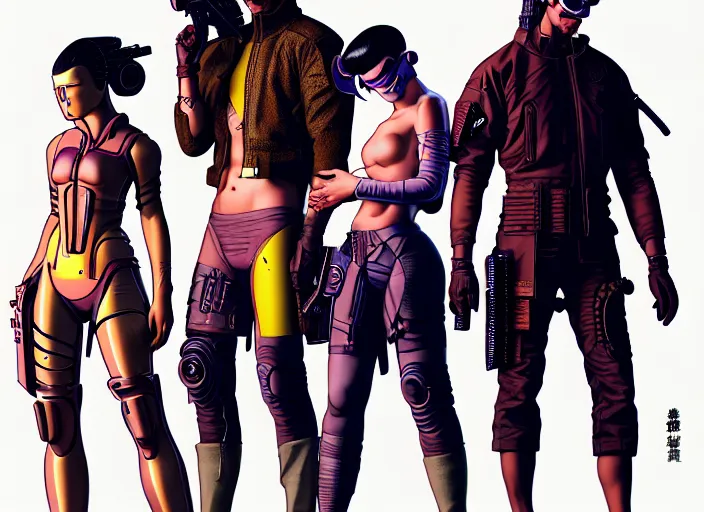 Image similar to cyberpunk samurai team. portrait by stonehouse and mœbius and will eisner and gil elvgren and pixar. character design. realistic proportions. cyberpunk 2 0 7 7 character art, blade runner 2 0 4 9 concept art. cel shading. attractive face. thick lines. the team. diverse characters. artstationhq.