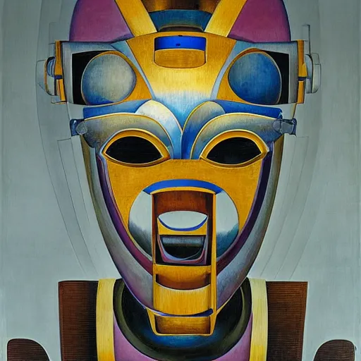 Image similar to the robot wearing her human mask, by christopher kit williams and diego rivera, symbolist, dramatic lighting, elaborate geometric ornament, art brut, god rays, soft cool colors, smooth, sharp focus, extremely detailed