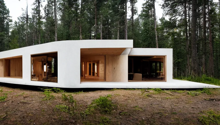 Prompt: A small modern cabin in the woods with rounded corners, made of cement, Designed by Rolls Royce, Gucci, Balenciaga, and Wes Anderson