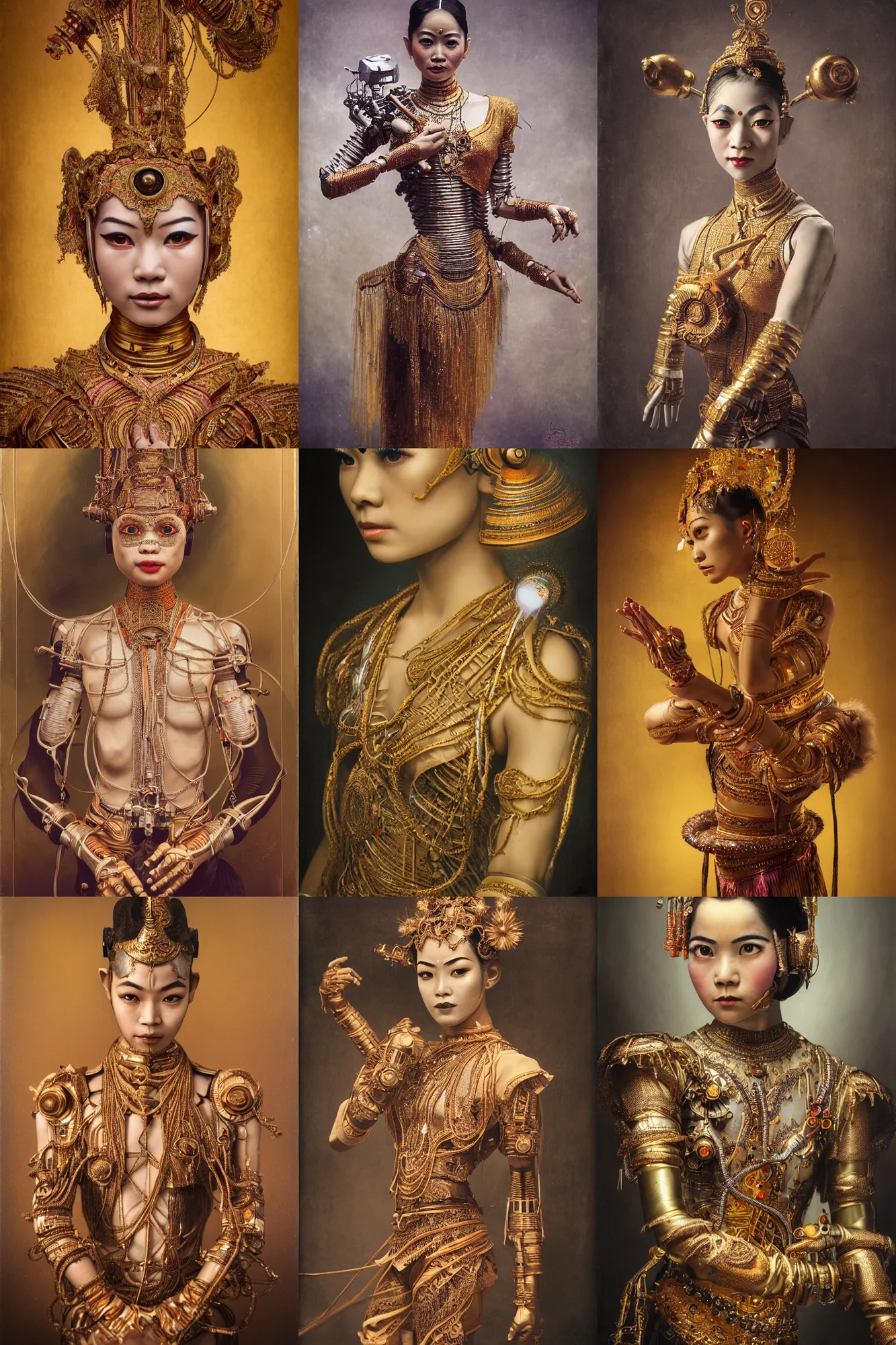 Prompt: a beautiful ultradetailed vintage photo of a cyborg classical thai dancer, by tom bagshaw and anna dittman, portrait, 2 4 mm lens, golden ratio composition, detailed face, techno eye, studio photography, very detailed, cyborg in the style of jan van eyck, electric cables, industrial robots, artstation, 8 k, highly coherent