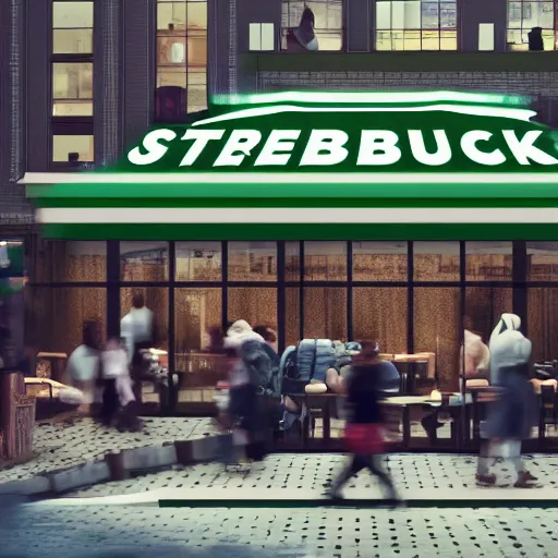 Prompt: overpopulated starbucks at the end of capitalism, photorealistic, 3d, Octane Render, Cinematic, perfect lightning
