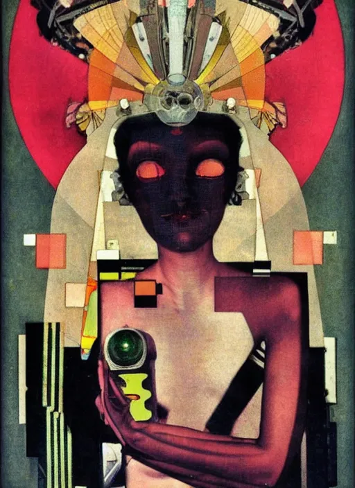 Image similar to cute punk goth fashion fractal alien martian girl with a television head wearing kimono made of circuits and leds, surreal Dada collage by Man Ray Kurt Schwitters Hannah Höch Alphonse Mucha, red and black