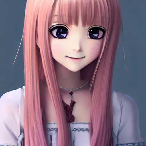 Image similar to Render of Nikki from Shining Nikki Dress-Up Game, a cute 3D anime young woman, long light pink hair, full bangs, full round face, hazel amber eyes, pale skin, cute freckles, light blush, Chinese heritage, smiling softly, wearing casual clothing, interior lighting, cozy home background, medium shot, mid-shot, hyperdetailed, trending on Artstation, Unreal Engine 4k