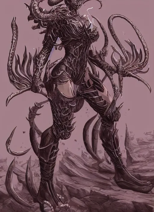 Image similar to a detailed full body demonic tiefling, queen of blades, by yusuke murata, by hiroya oku, trending on artstation