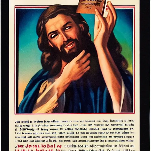 Prompt: Jesus advertising the Bible, 1950s Advert style,