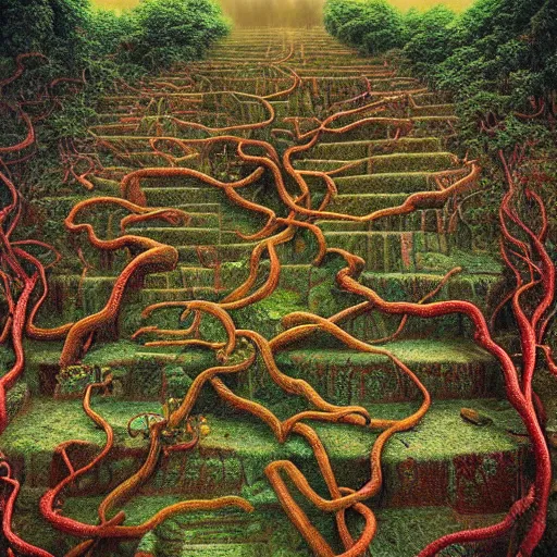 Image similar to intricate stunning highly detailed illustration of the inca lost city of gold, red blood blood blood rivers running through stairs, blood red 🌱, by agostino arrivabene and vladimir kush, surreal, digital painting, ultra realistic, dramatic lighting, twisted vines, lush plants, gold, inca, pristine water, artstation