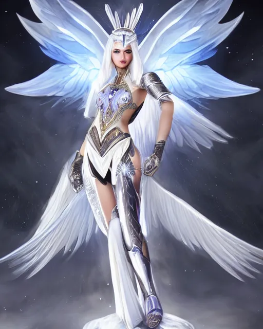 Image similar to perfect white haired egyptian goddess wearing white dove wings, warframe armor, regal, attractive, ornate, sultry, beautiful, ice queen, half asian, pretty face, blue eyes, detailed, scifi platform, 4 k, ultra realistic, epic lighting, android body, illuminated, cinematic, masterpiece, art by akihito tsukushi, voidstar