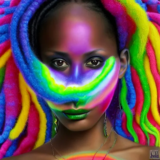 Image similar to a wide angle shot of a black girl with colorful dreadlocks in a field of candy, by Adi granov and afarin sajedi and amanda sage and evgeni gordiets and Agostino Arrivabene and adonna khare in a psychedelic portrait style, ultrarealistic matte painting, volumetric lighting, fractal, extremely symmetrical, highly detailed face, orisha, 8k, hd