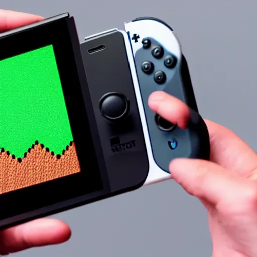 Image similar to hand holding nintendo switch with heart icon on screen with minecraft background